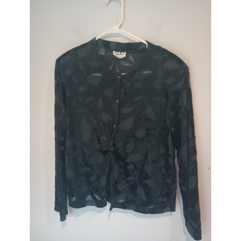 VTG CLIO Black Devore Velvet Leaf Sheer Blouse Top Women L Large Whimsigoth